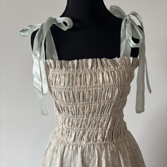 En Saison Milkmaid Cottagecore Toile Romantic Midi Dress Size XS Smocked Bow Tie - Picture 3 of 16